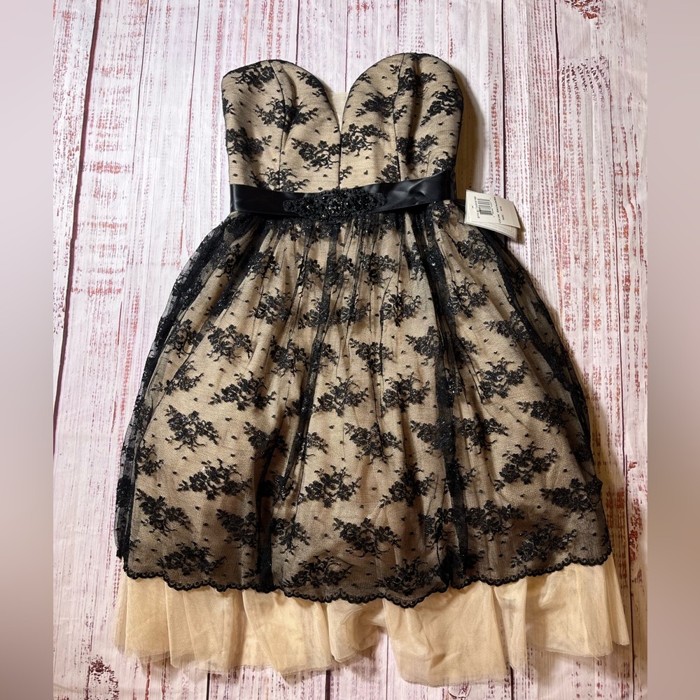 B Darlin Black Lace over nude  Strapless Dress New with tags